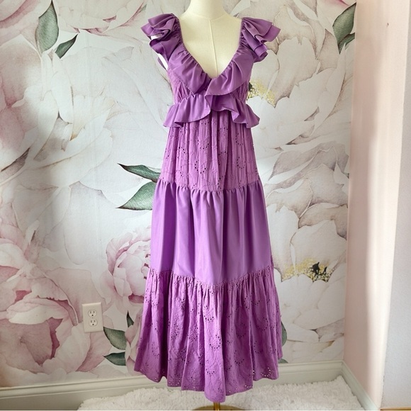 VICI Eyelet Tiered Ruffle Sleeve Women's Purple Maxi Dress Small - Picture 7 of 15